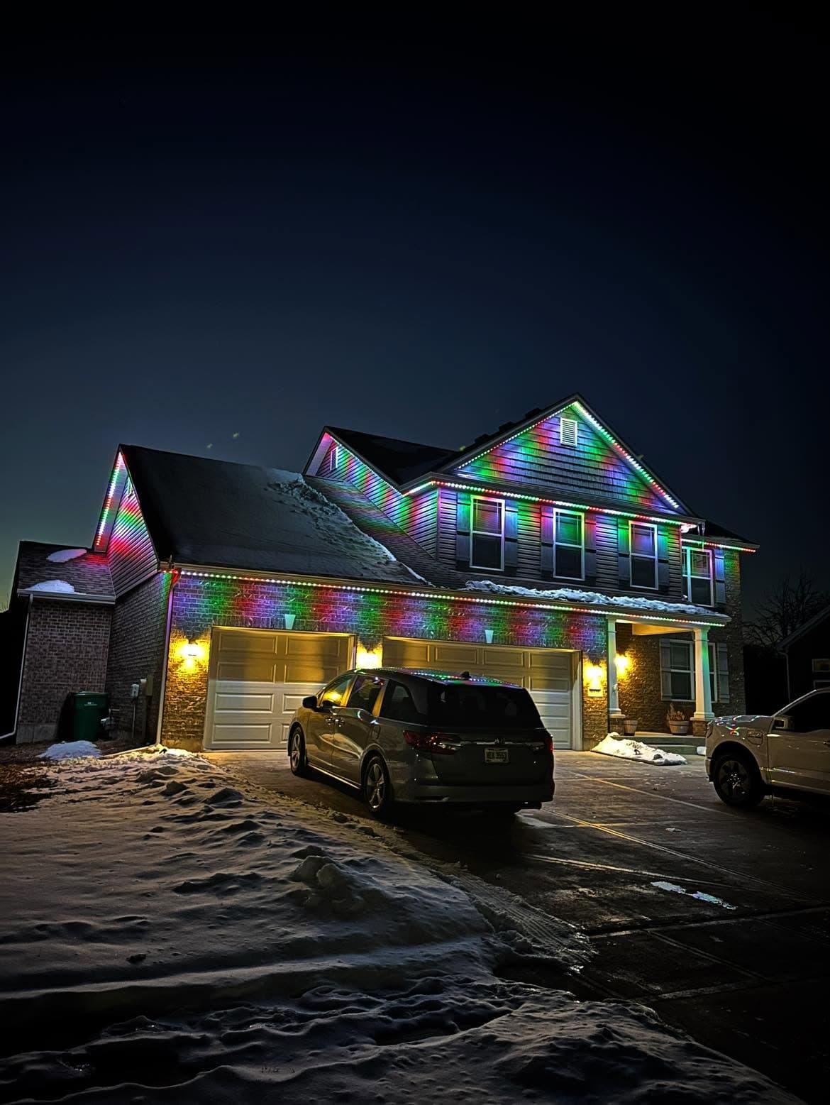 Rainbow holiday display, snow